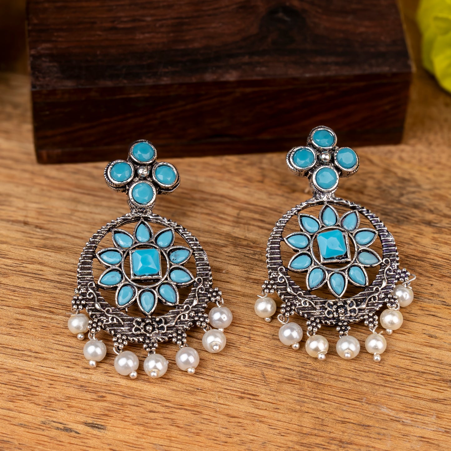 Flower Rangoli Pearl dangler earrings (Sky Blue)