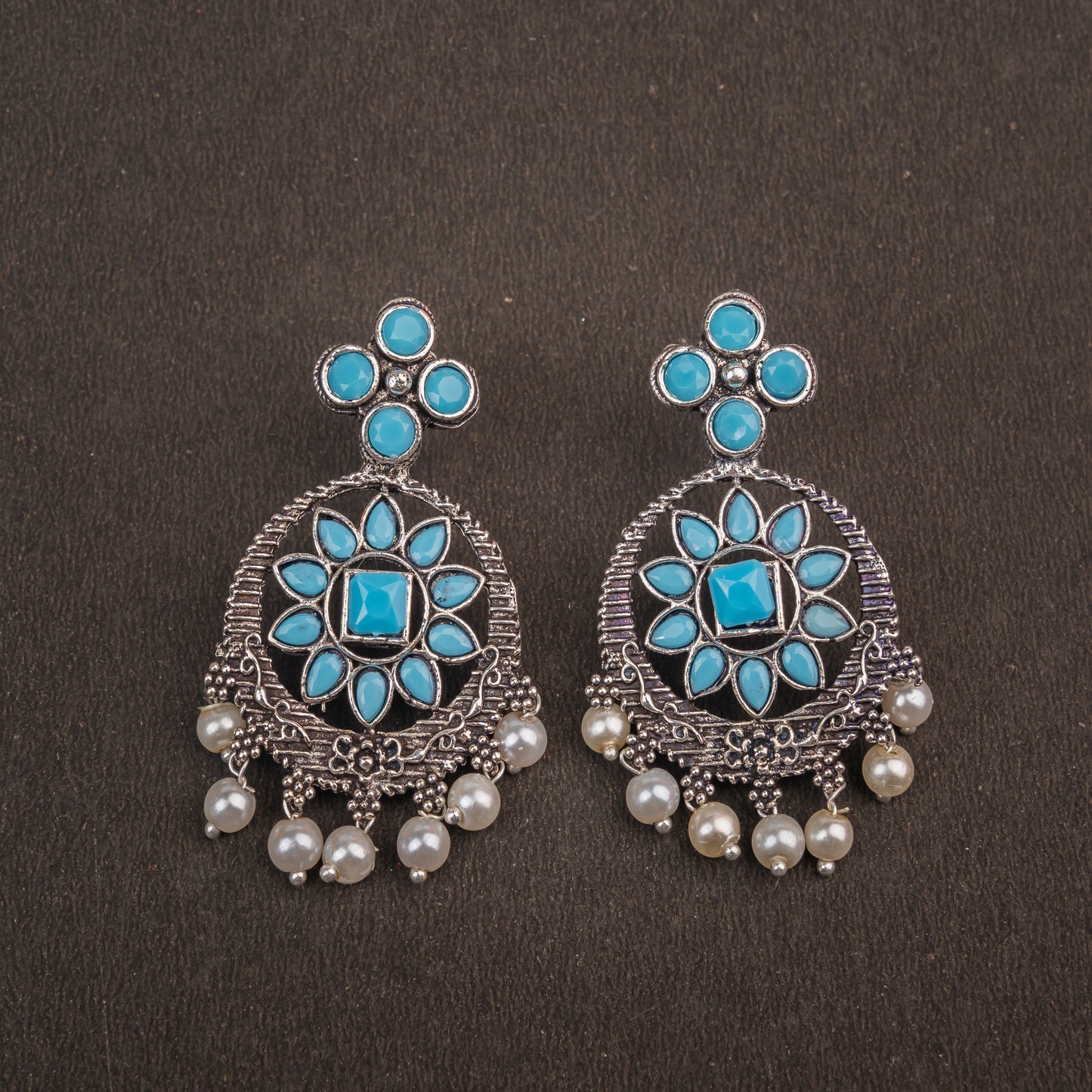 Flower Rangoli Pearl dangler earrings (Sky Blue)