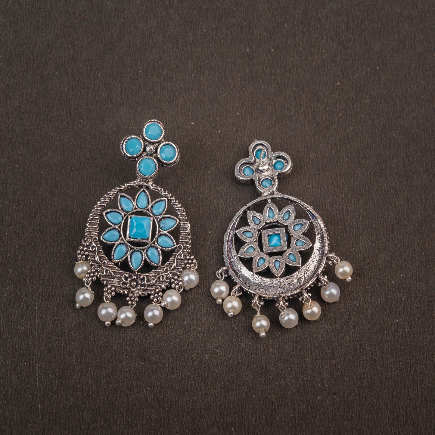 Flower Rangoli Pearl dangler earrings (Sky Blue)