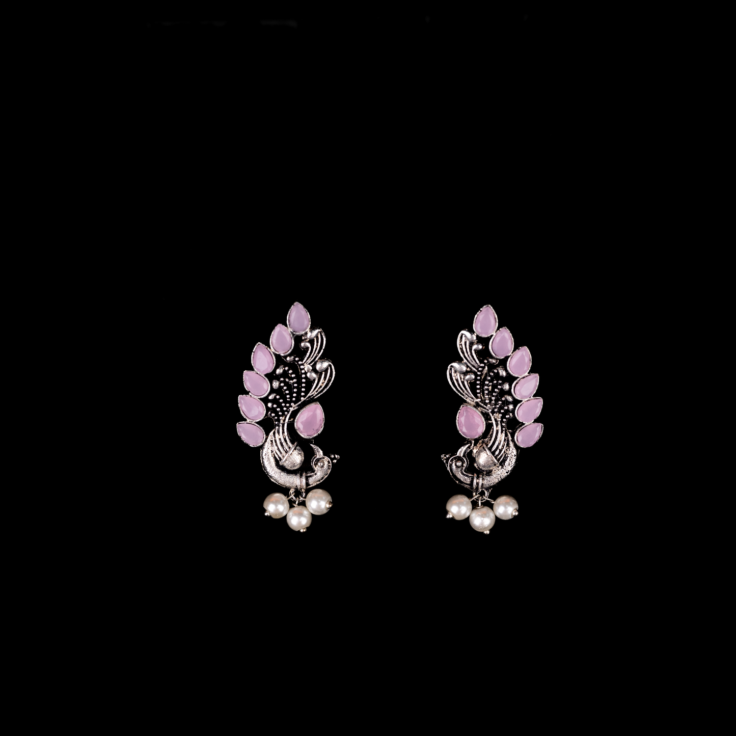 Baby Pink Stone Studded Peacock Motif Stud Earrings With Hanging Pearls