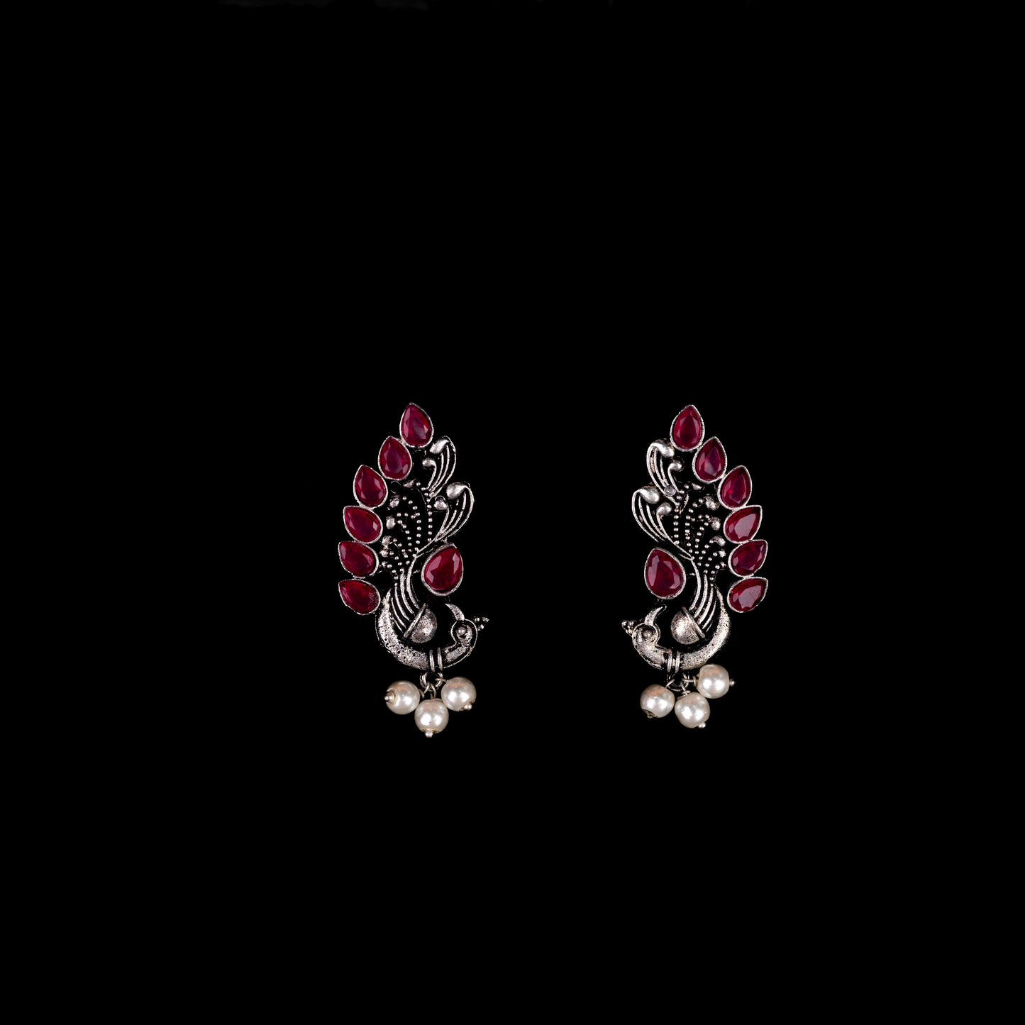 Red Stone Studded Peacock Motif Stud Earrings With Hanging Pearls