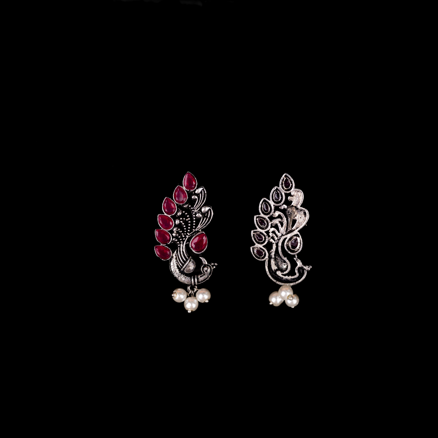 Red Stone Studded Peacock Motif Stud Earrings With Hanging Pearls