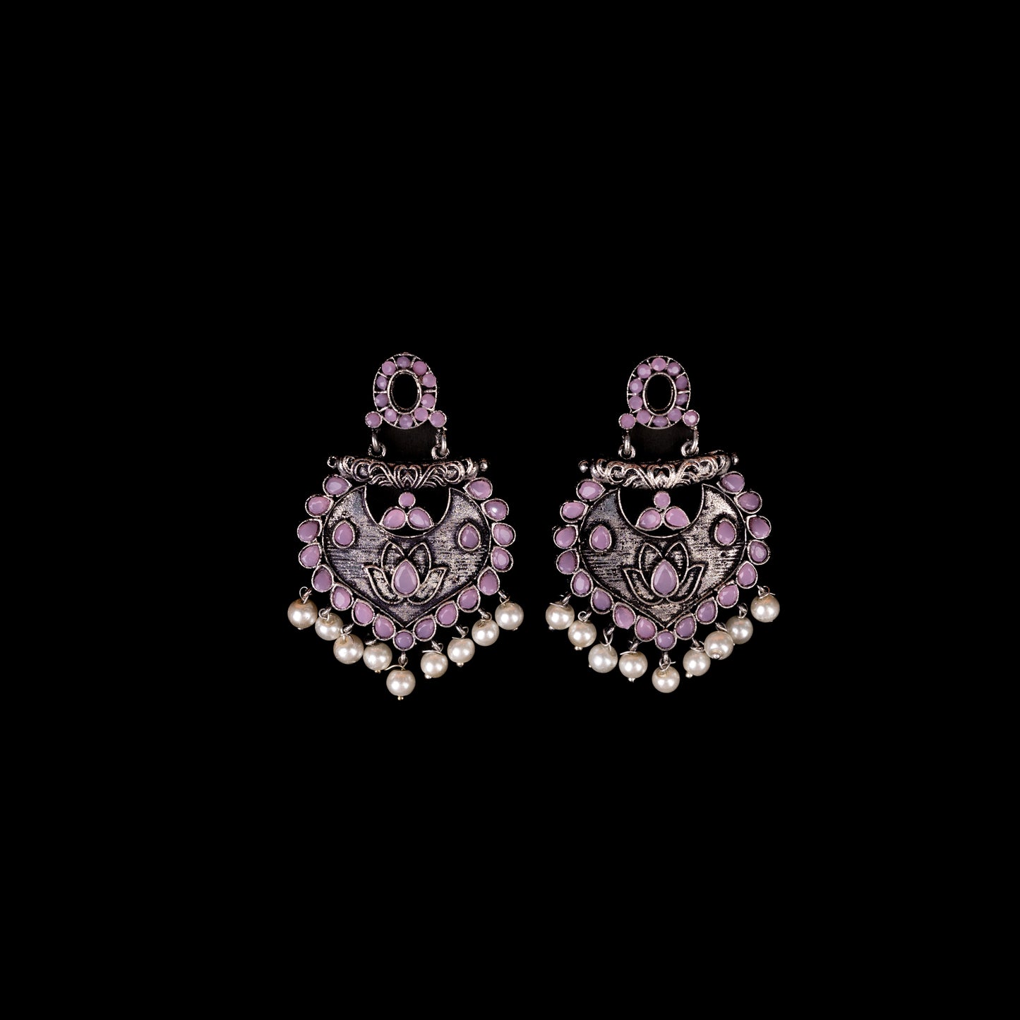 Baby Pink Stone Studded Oxidised Earrings With Hanging Pearls