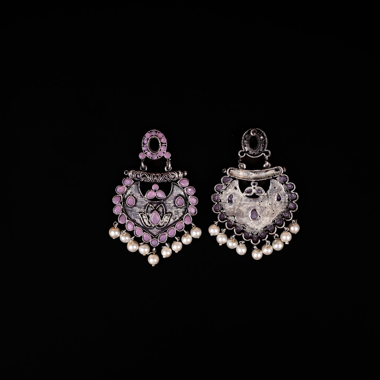 Baby Pink Stone Studded Oxidised Earrings With Hanging Pearls