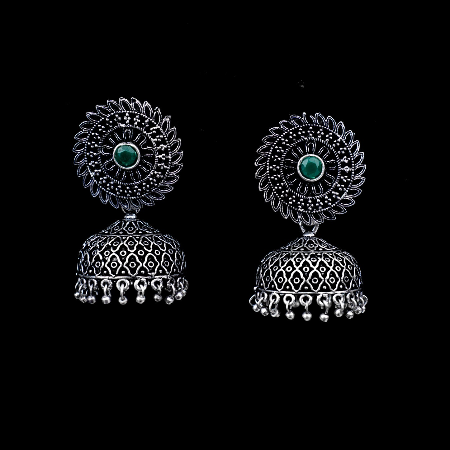 Green Stone Studded Oxidized Earrings With Hanging Jhumki