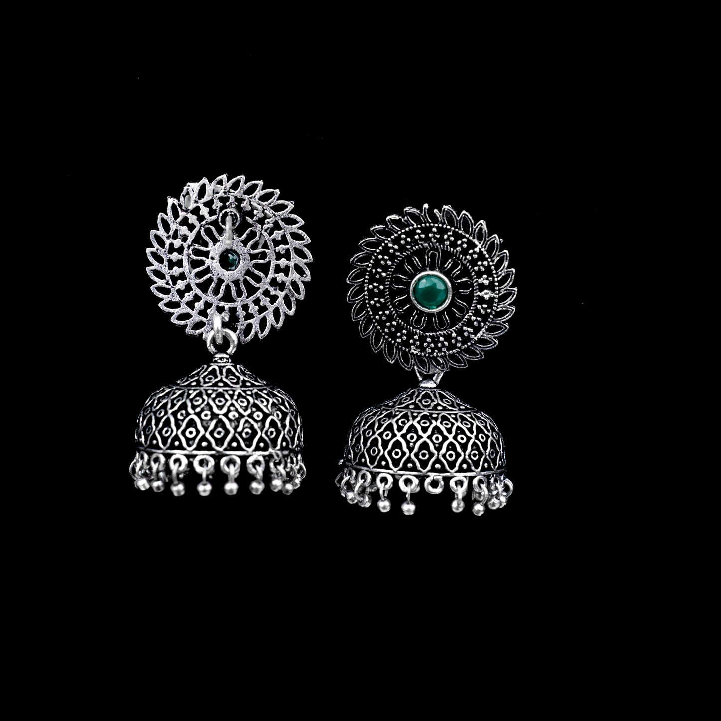Green Stone Studded Oxidized Earrings With Hanging Jhumki