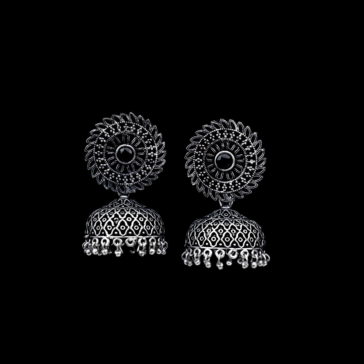 Black Stone Studded Oxidized Earrings With Hanging Jhumki