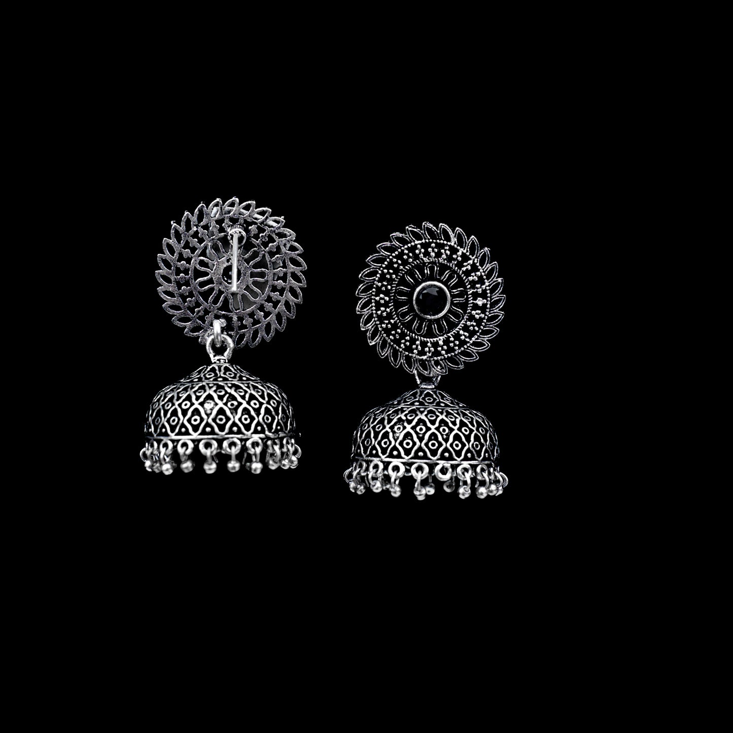 Black Stone Studded Oxidized Earrings With Hanging Jhumki