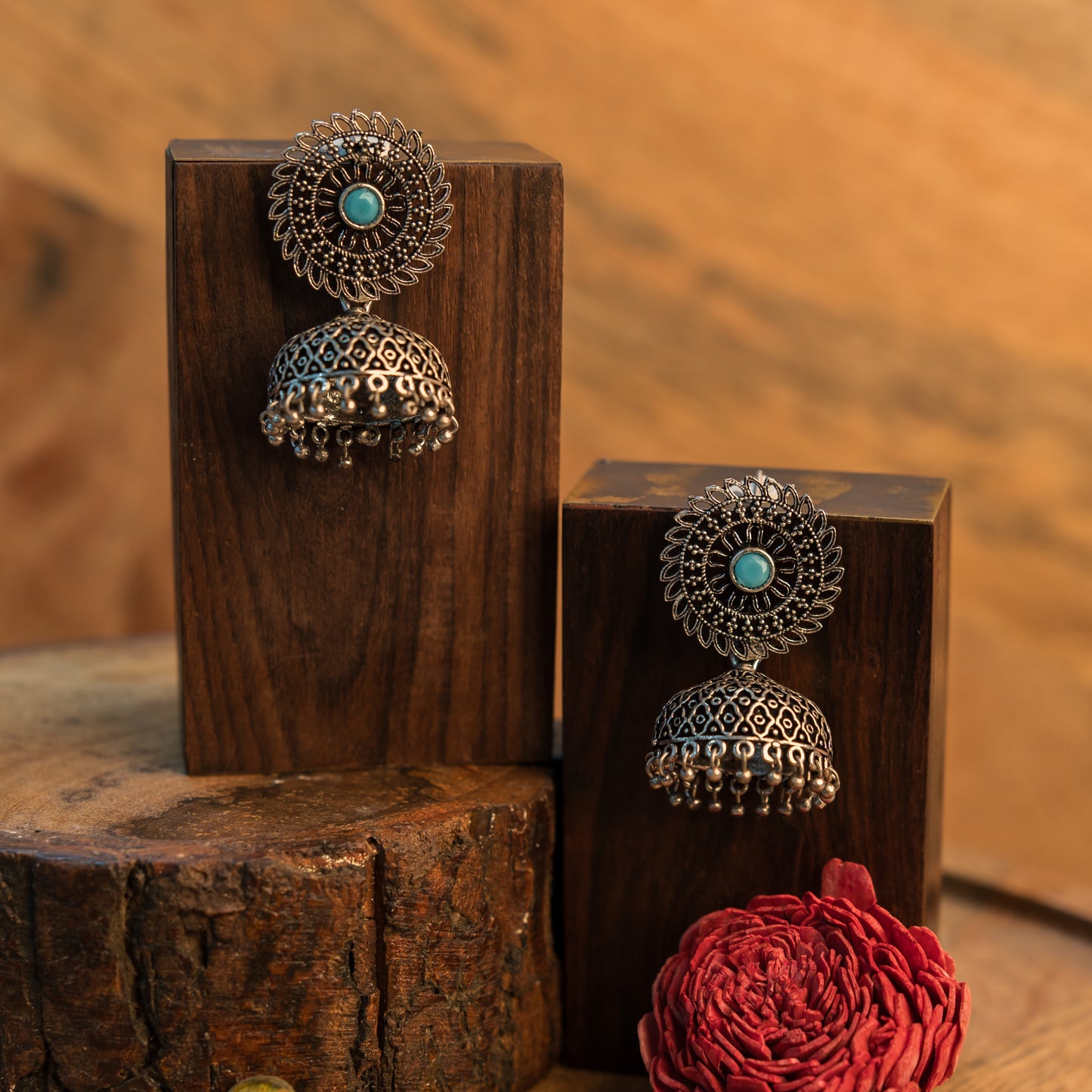 Sky Blue Stone Studded Oxidized Earrings With Hanging Jhumki