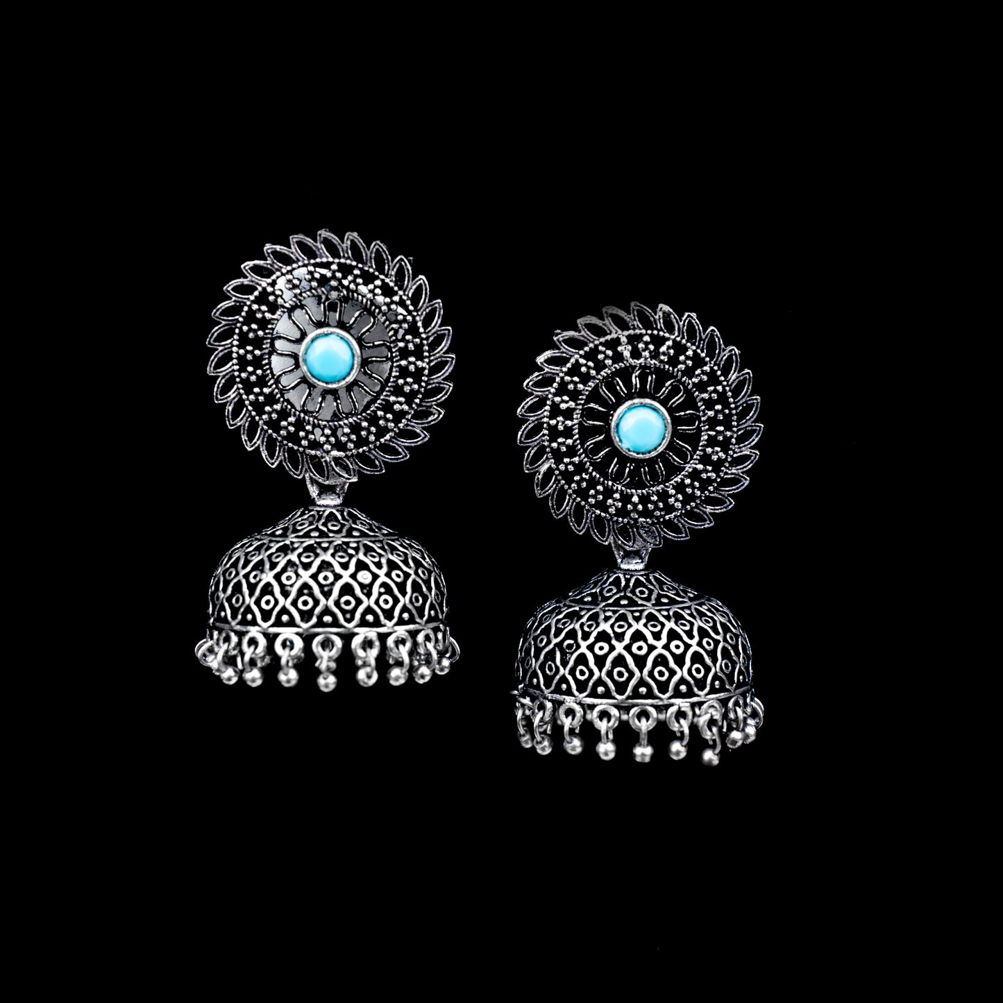 Sky Blue Stone Studded Oxidized Earrings With Hanging Jhumki