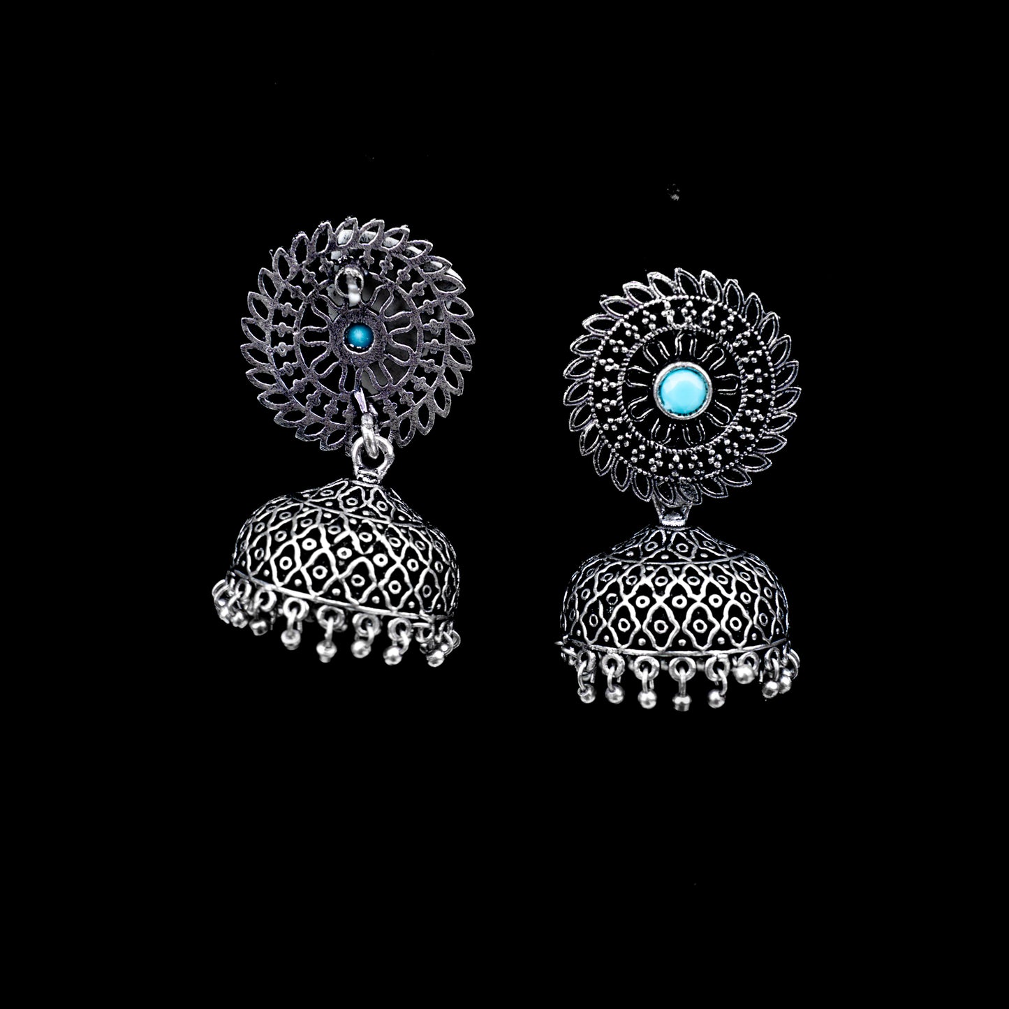 Sky Blue Stone Studded Oxidized Earrings With Hanging Jhumki