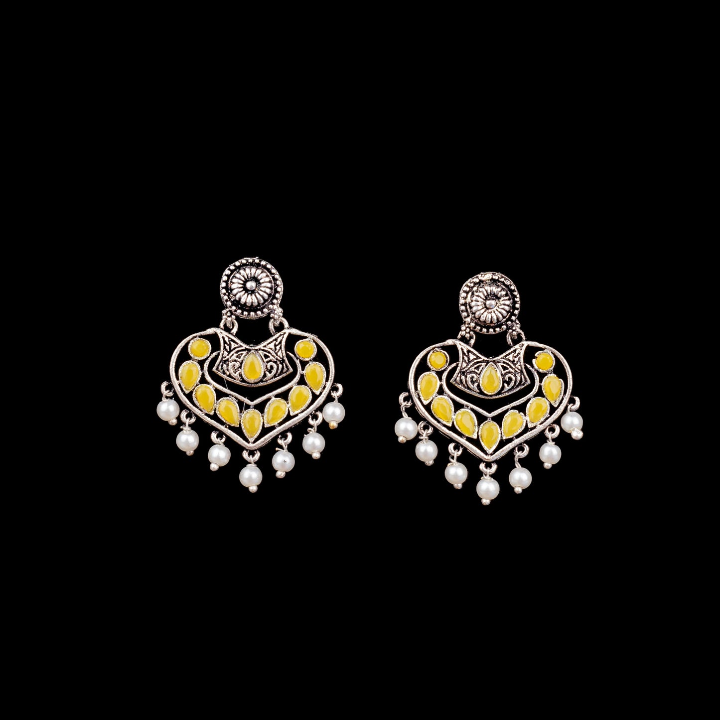 Yellow Stone Studded Heart Shaped Beautiful Earrings With Hanging Pearls
