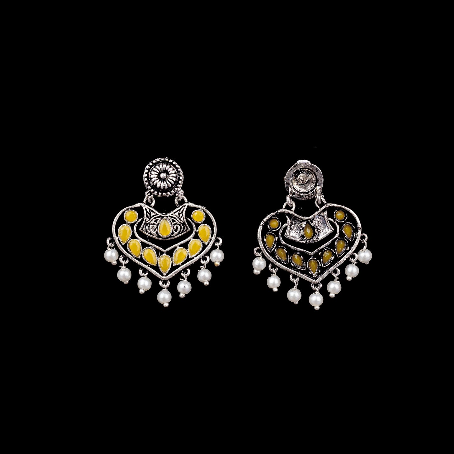 Yellow Stone Studded Heart Shaped Beautiful Earrings With Hanging Pearls