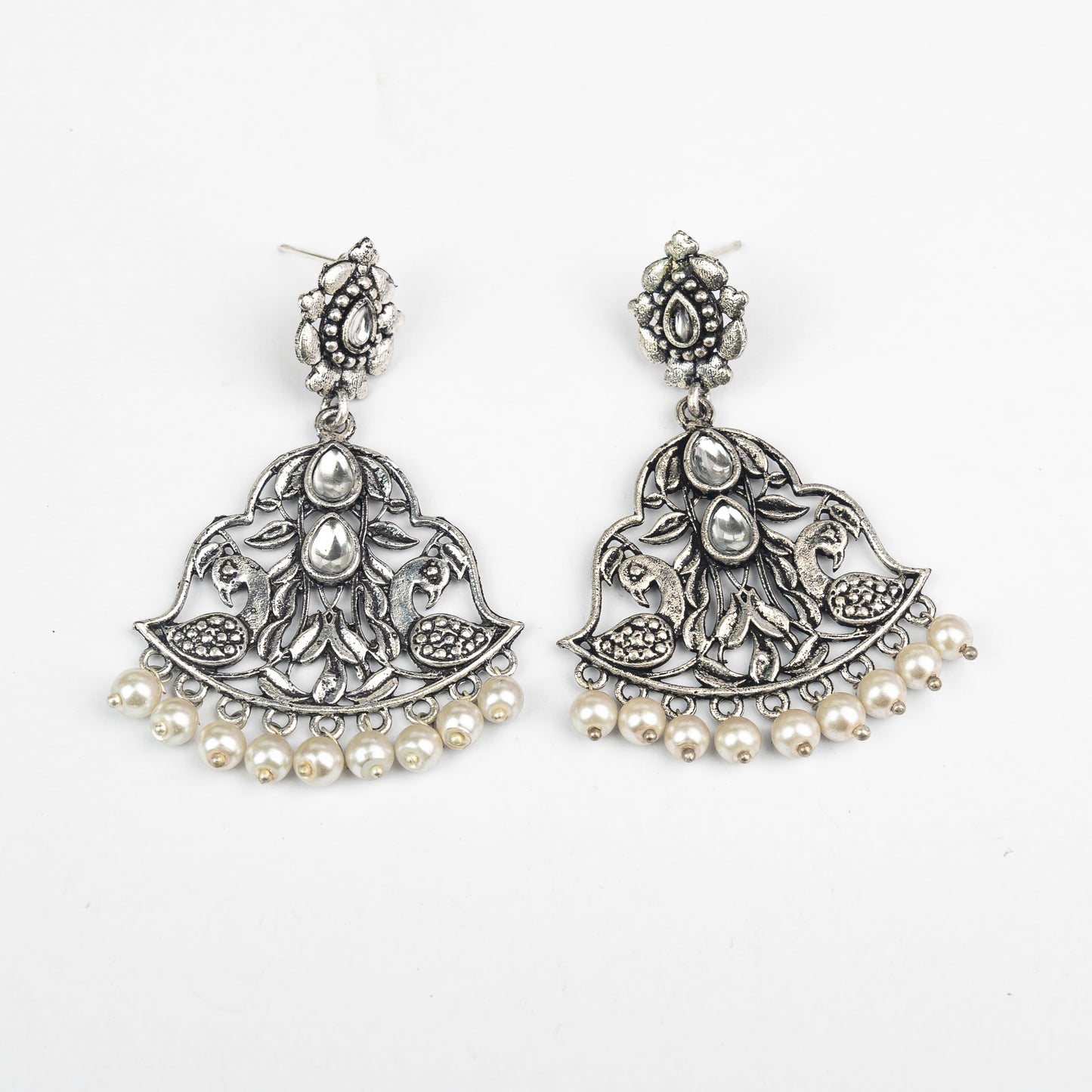 White Stone Studded Oxidised Danglers