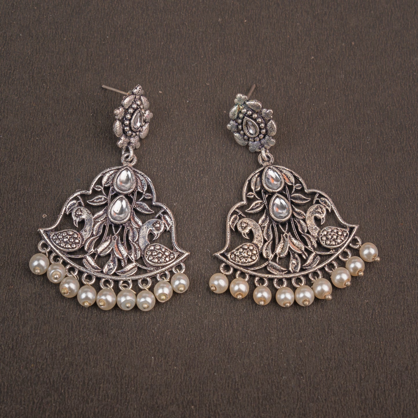 White Stone Studded Oxidised Danglers