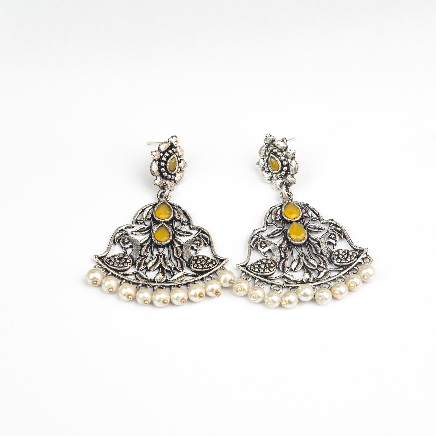 Yellow Stone Studded Oxidised Earrings With Hanging Jhumka
