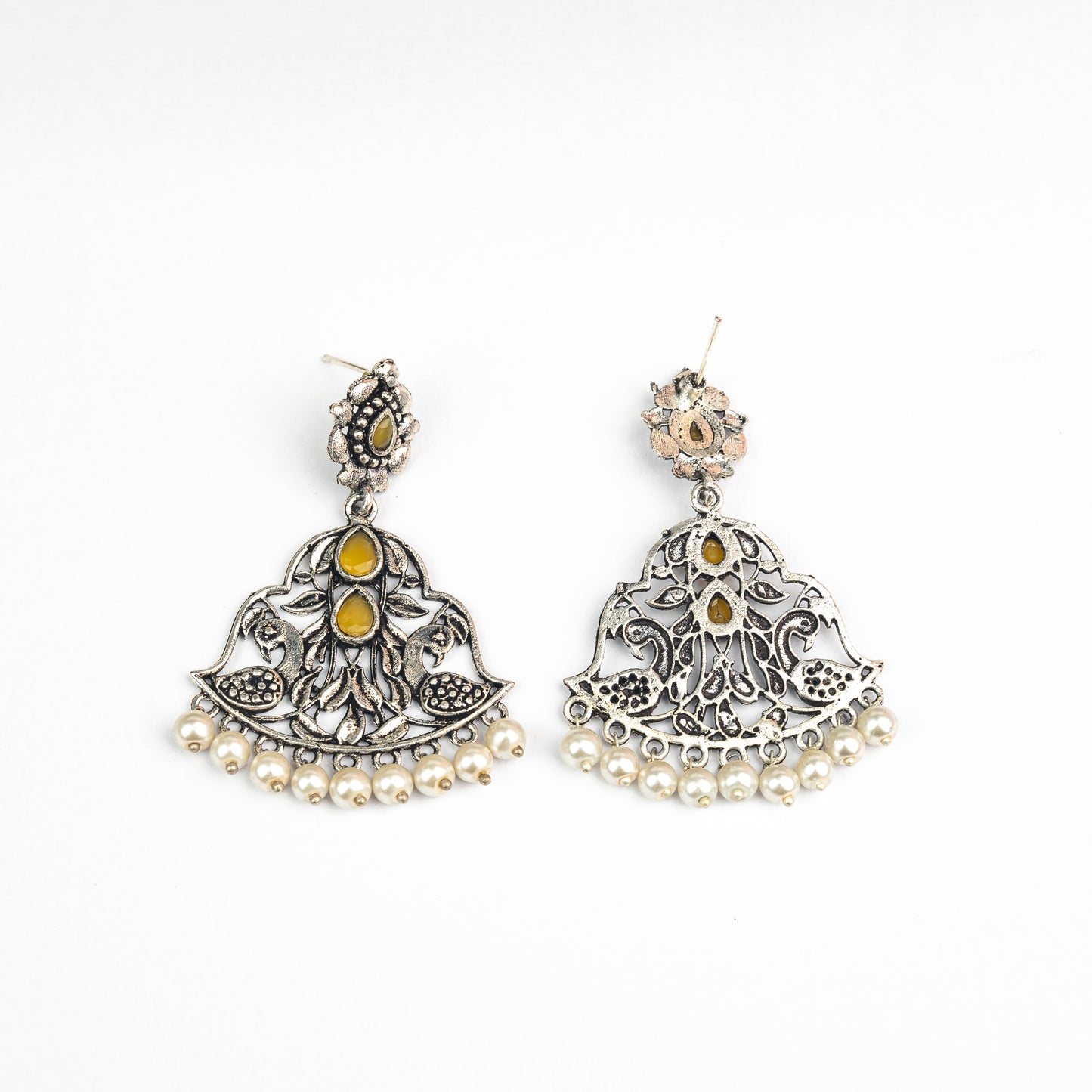Yellow Stone Studded Oxidised Earrings With Hanging Jhumka