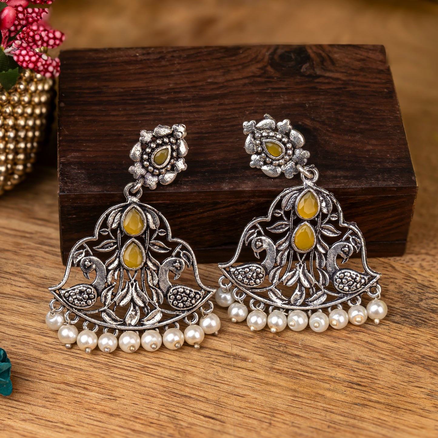 Yellow Stone Studded Oxidised Earrings With Hanging Jhumka