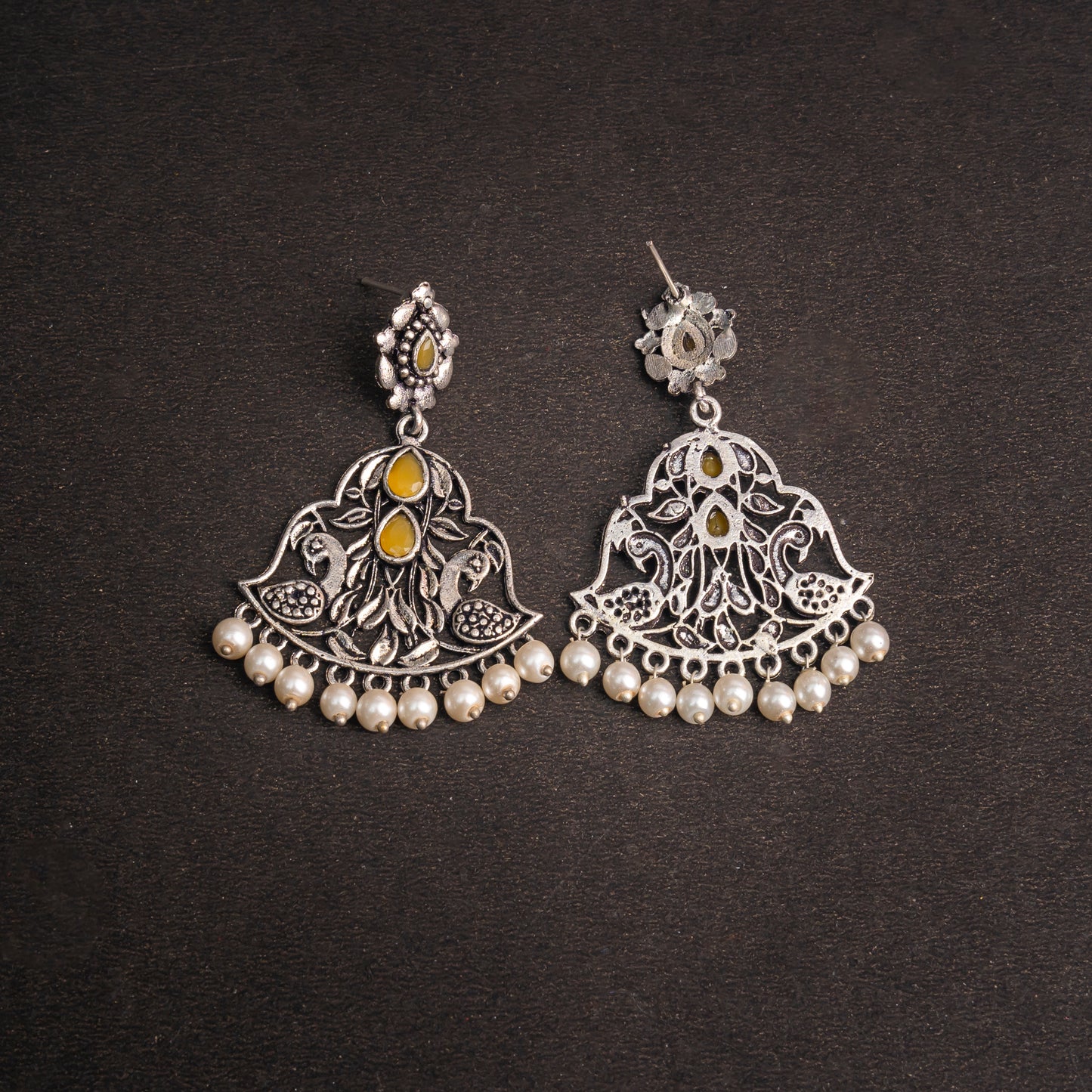 Yellow Stone Studded Oxidised Earrings With Hanging Jhumka