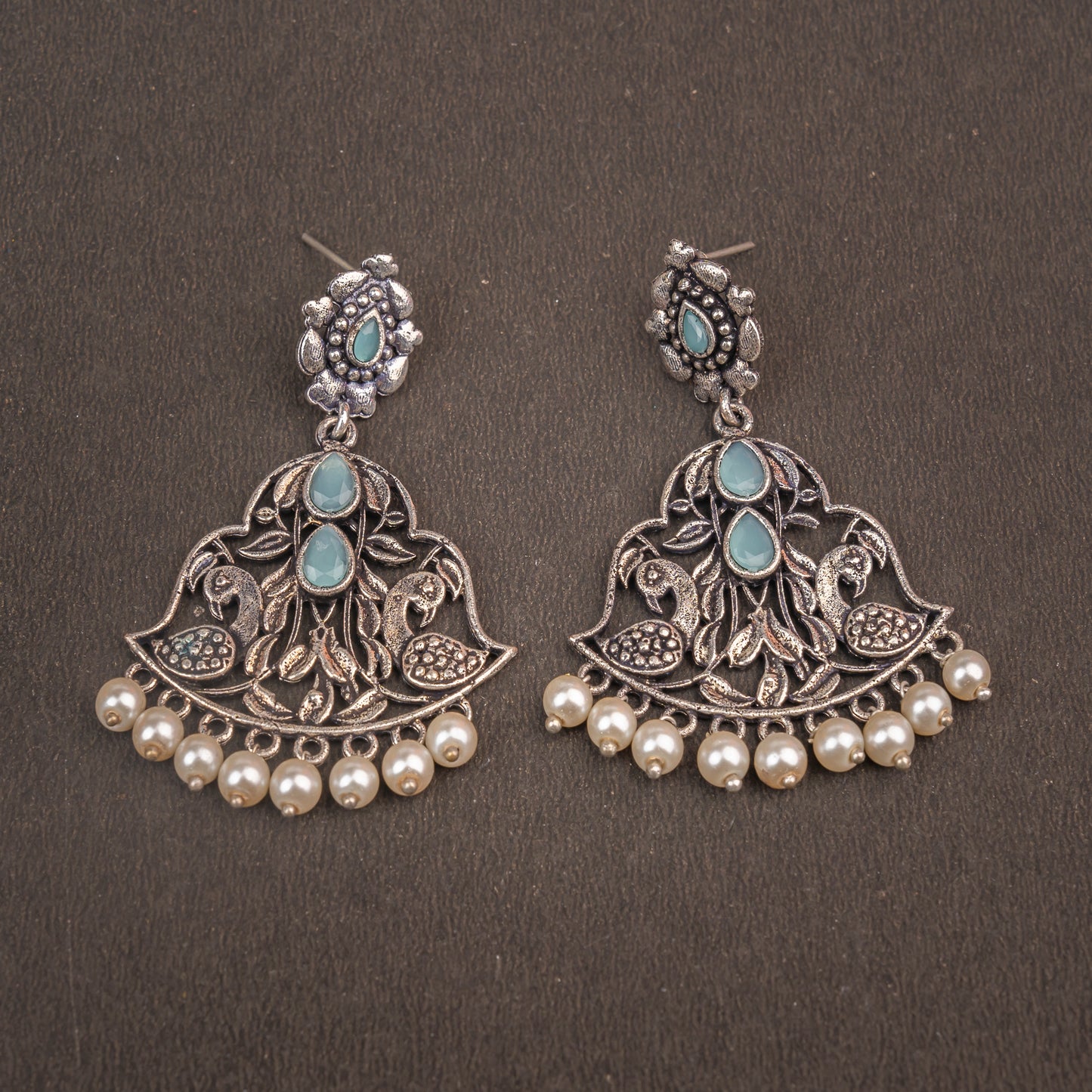 Mint Stone Studded Oxidised Danglers