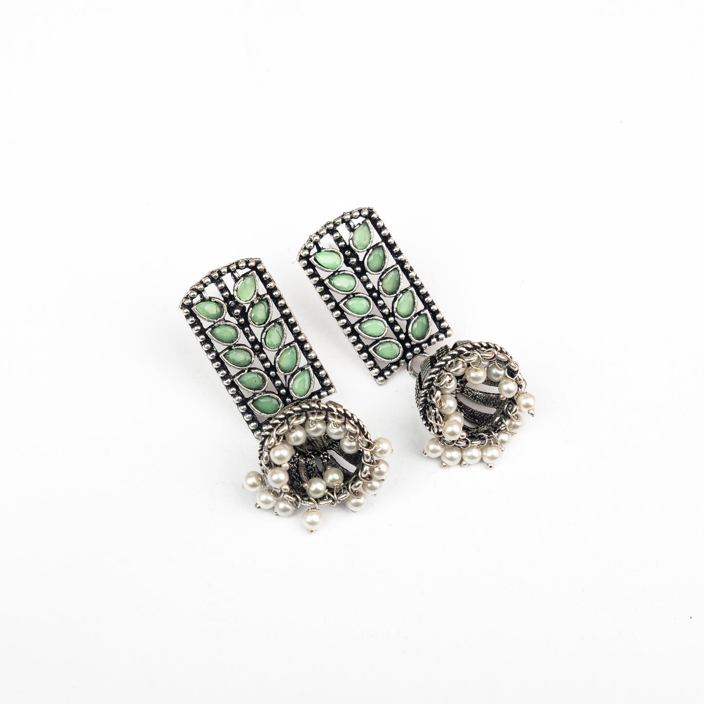 Regal leaffall stone studded jhumki earrings (Pista)