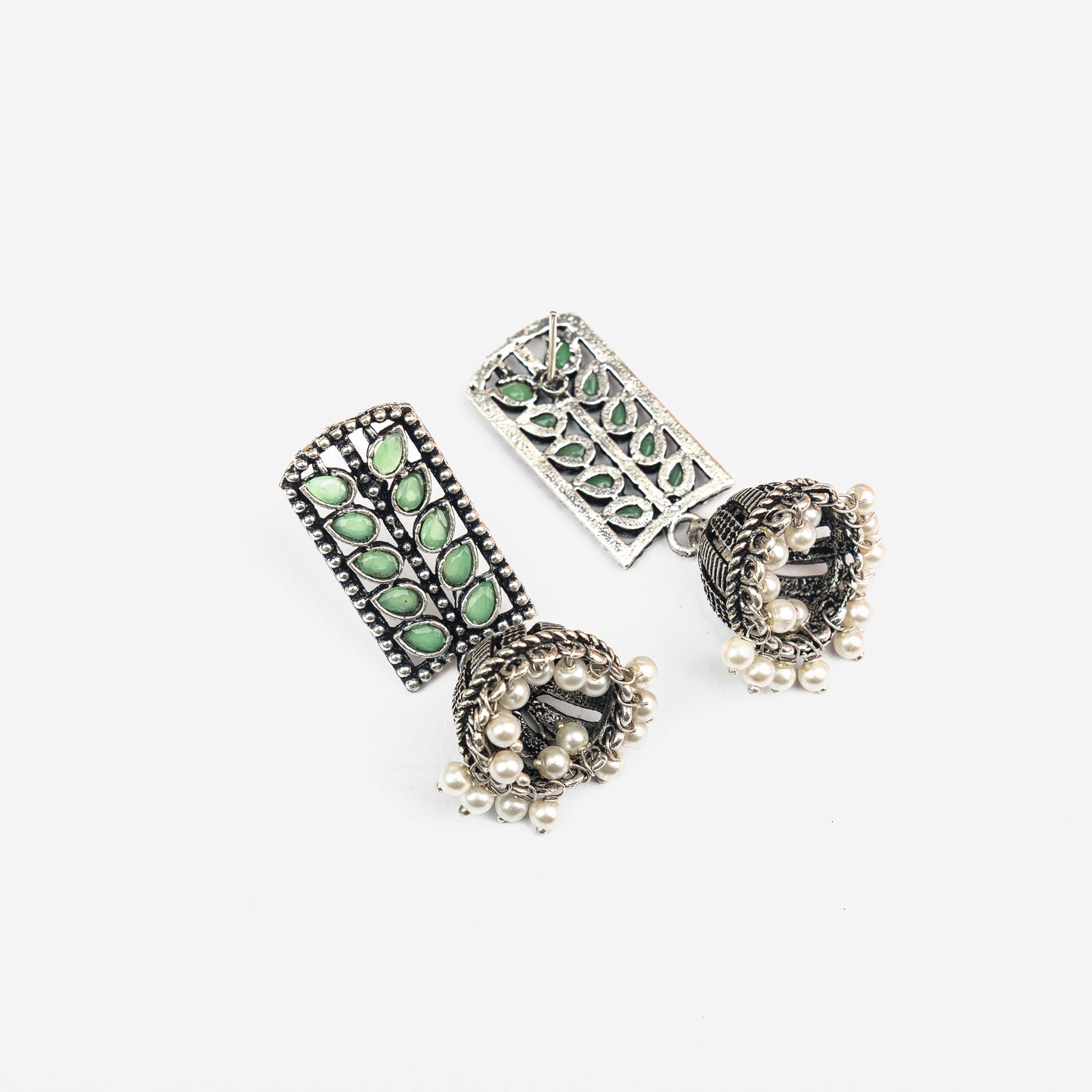 Regal leaffall stone studded jhumki earrings (Pista)