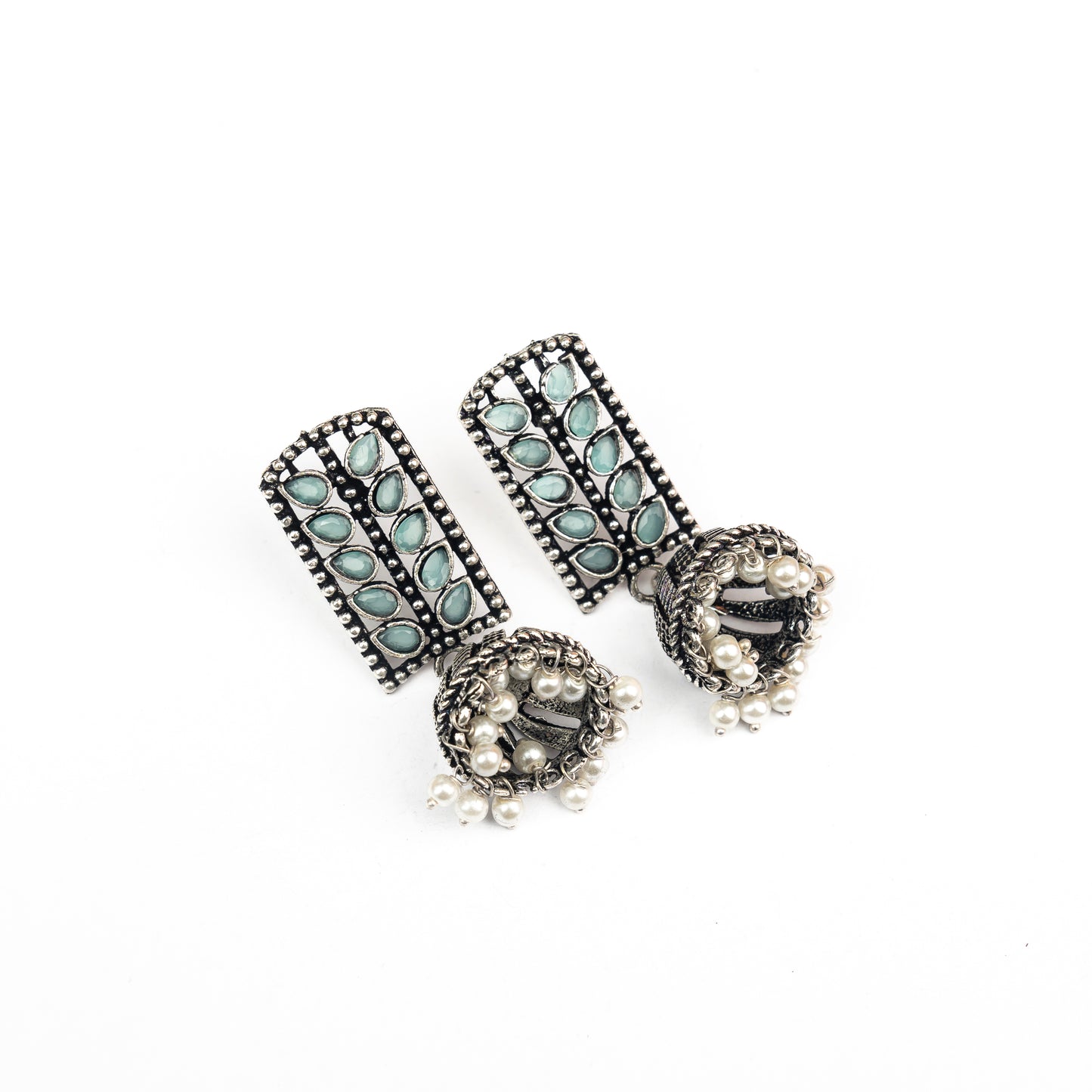 Mint Stone Studded German Silver Statement Earrings With Brass Jhumki