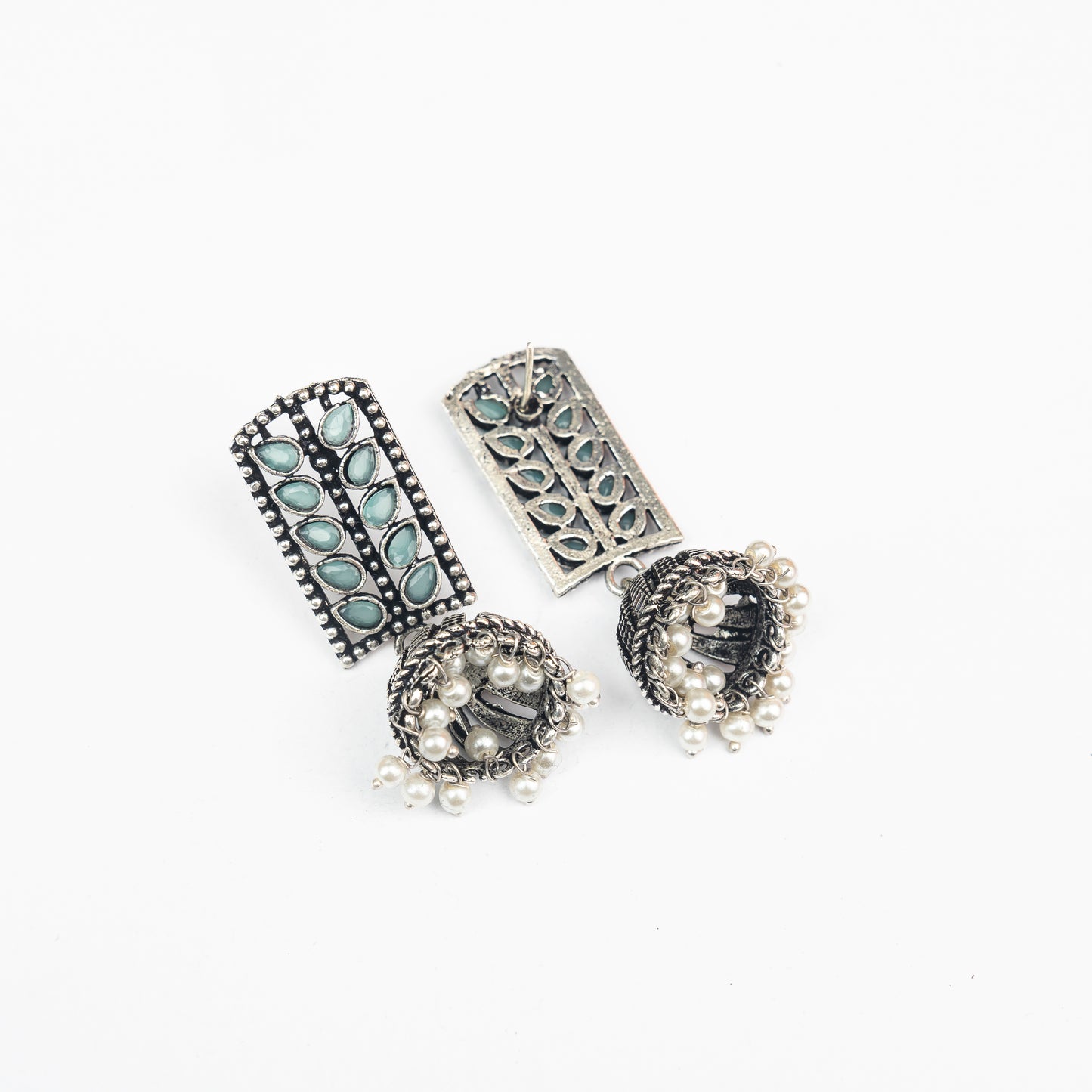 Mint Stone Studded German Silver Statement Earrings With Brass Jhumki