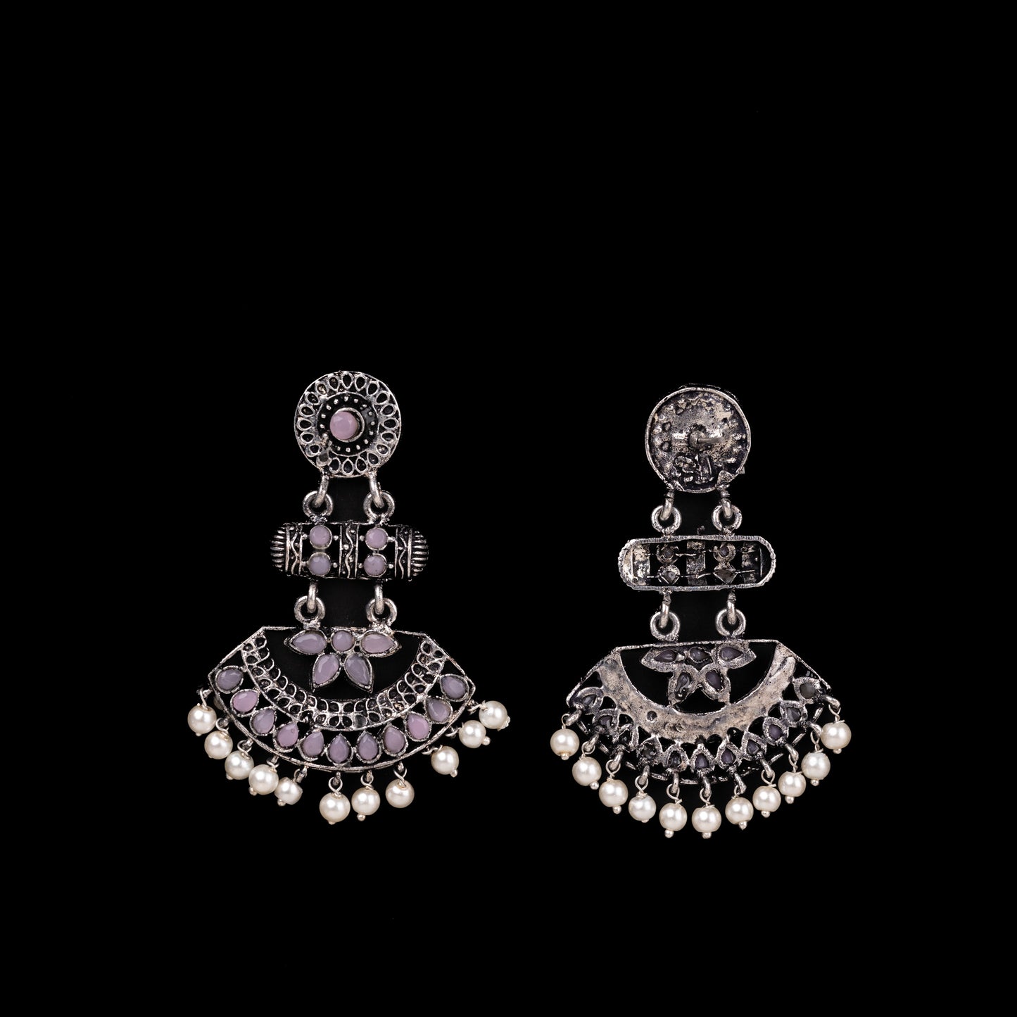 Pearl Cacade stone studded dangler earrings (Baby Pink)
