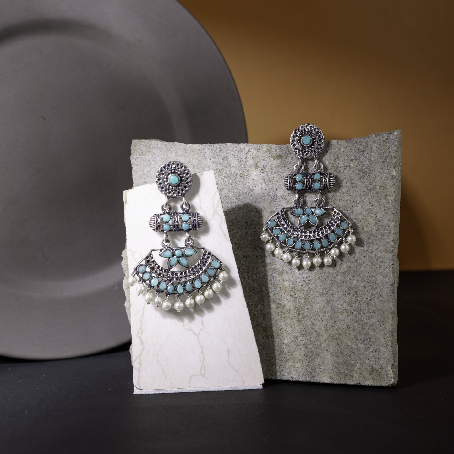 Pearl Cacade stone studded dangler earrings (Mint)