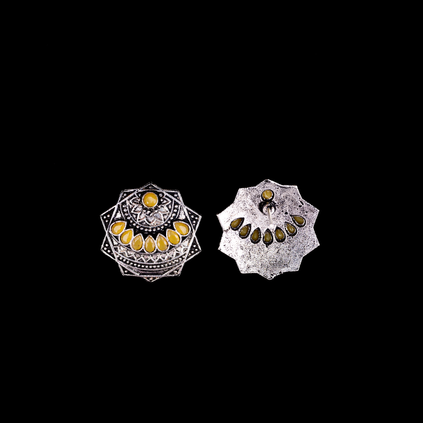 Yellow Stone Studded Geometrical German Silver Stud Earrings