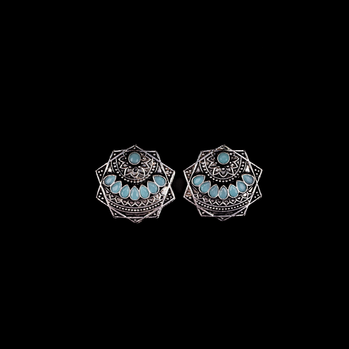 Mint Stone Studded Geometrical German Silver Stud Earrings
