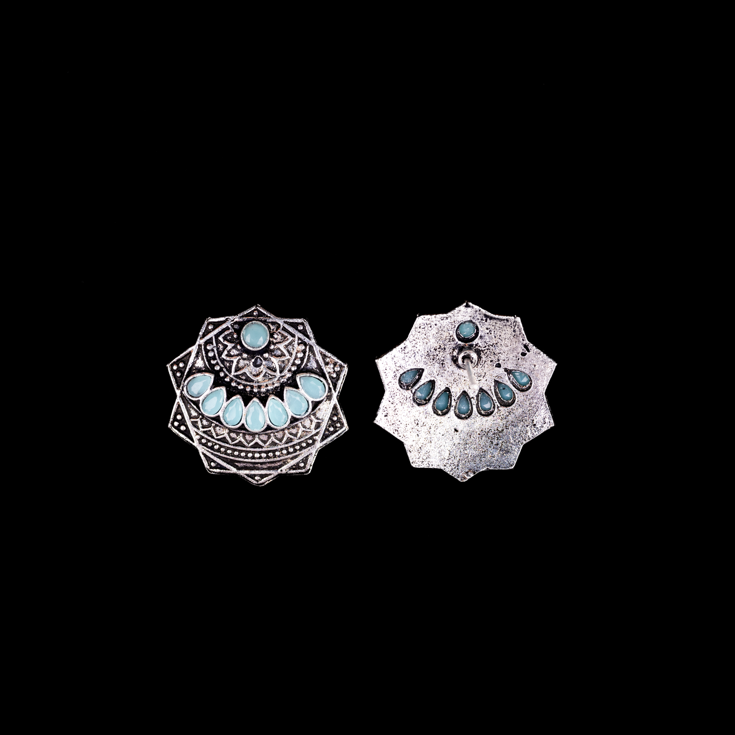 Mint Stone Studded Geometrical German Silver Stud Earrings