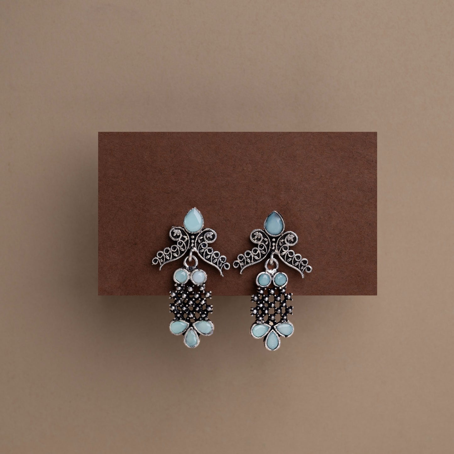 Mint Stone Studded Lightweight German Silver Stud Earrings