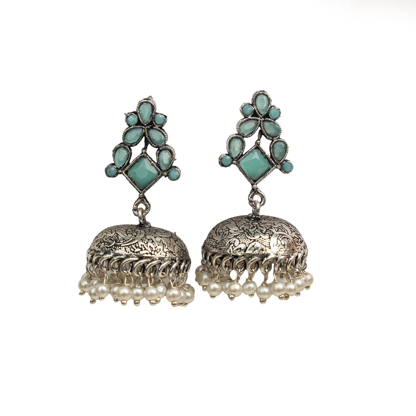Mint Stone Studded German Silver Dangler Earrings With Brass Jhumki