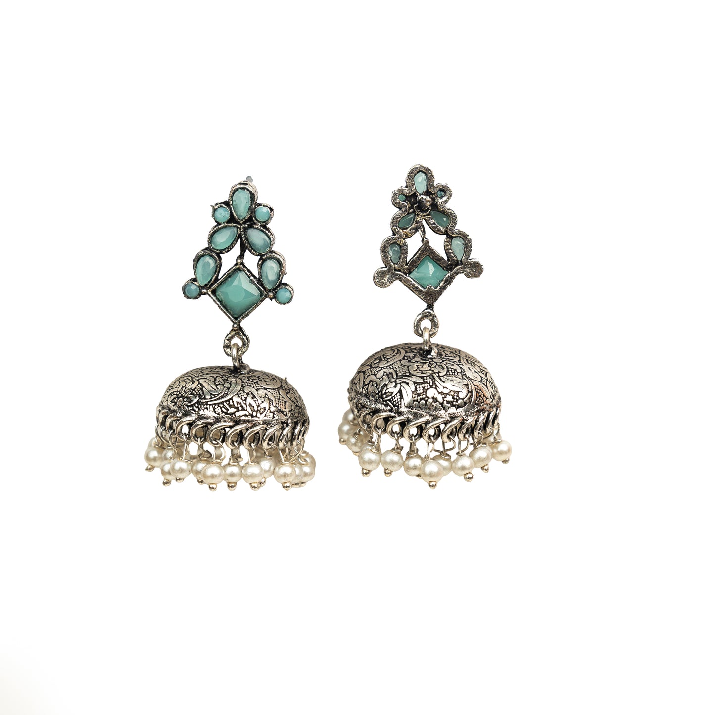 Mint Stone Studded German Silver Dangler Earrings With Brass Jhumki