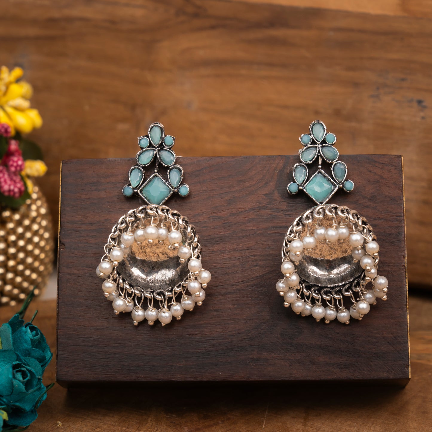 Dazzle Dome pral jhumki earrings (Mint)