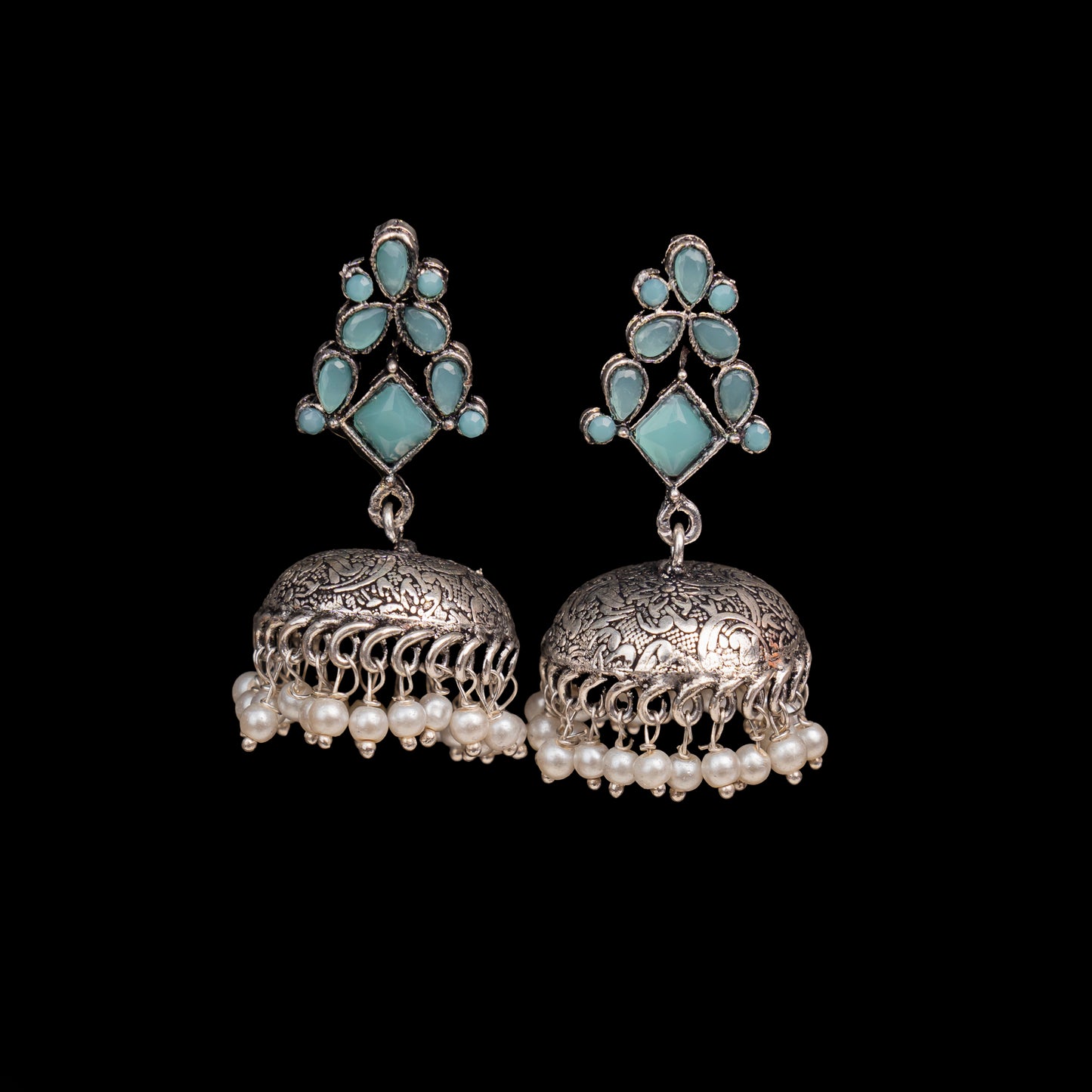 Mint Stone Studded German Silver Dangler Earrings With Brass Jhumki