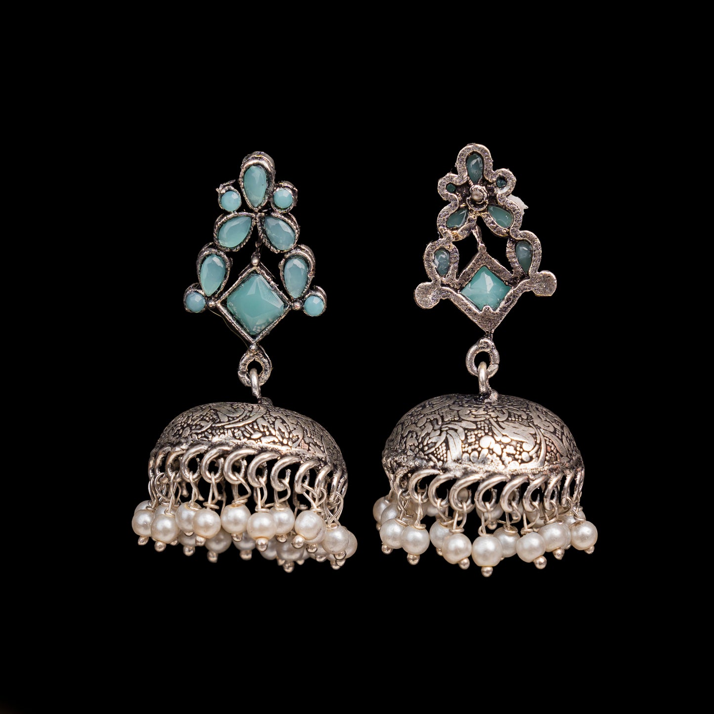 Mint Stone Studded German Silver Dangler Earrings With Brass Jhumki