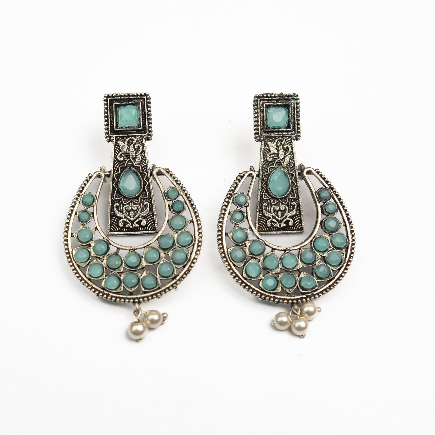 Mint Stone Studded Statement German Silver Dangler Earrings
