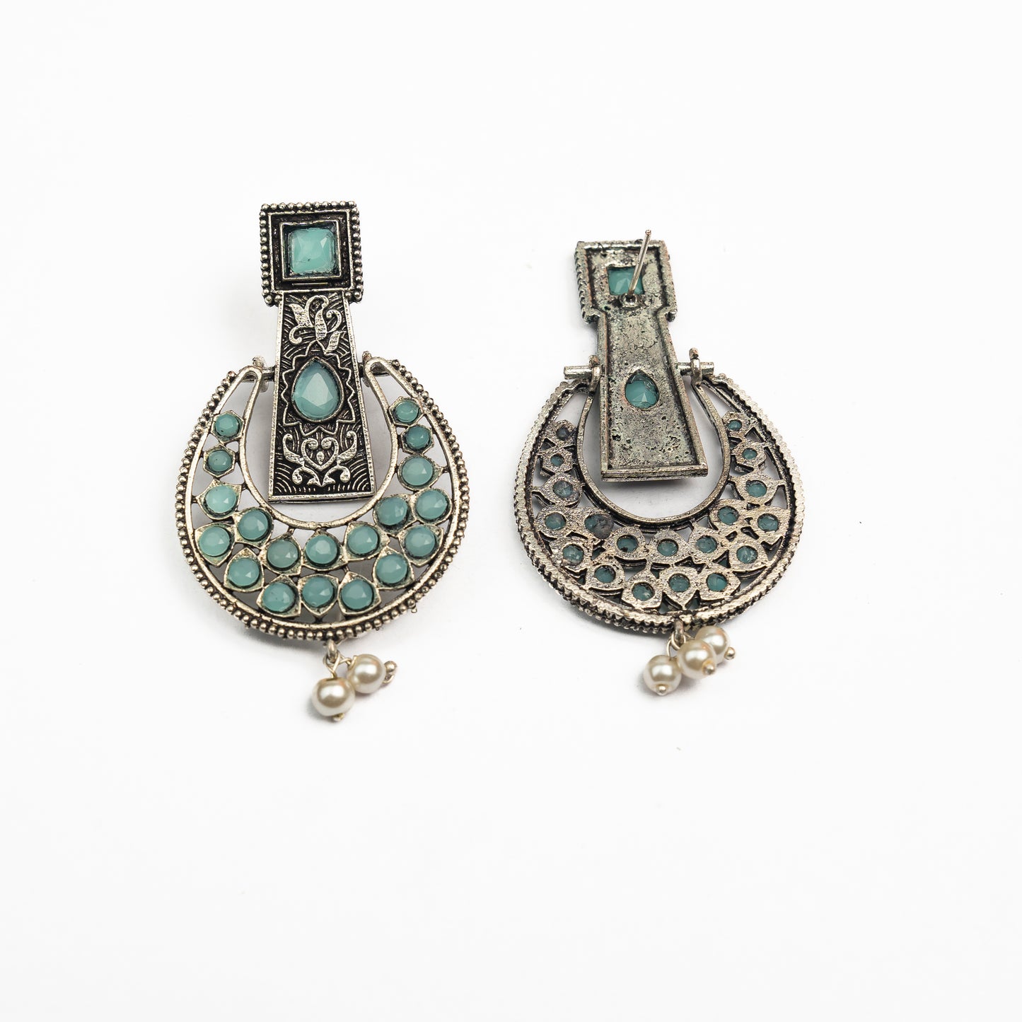 Mint Stone Studded Statement German Silver Dangler Earrings