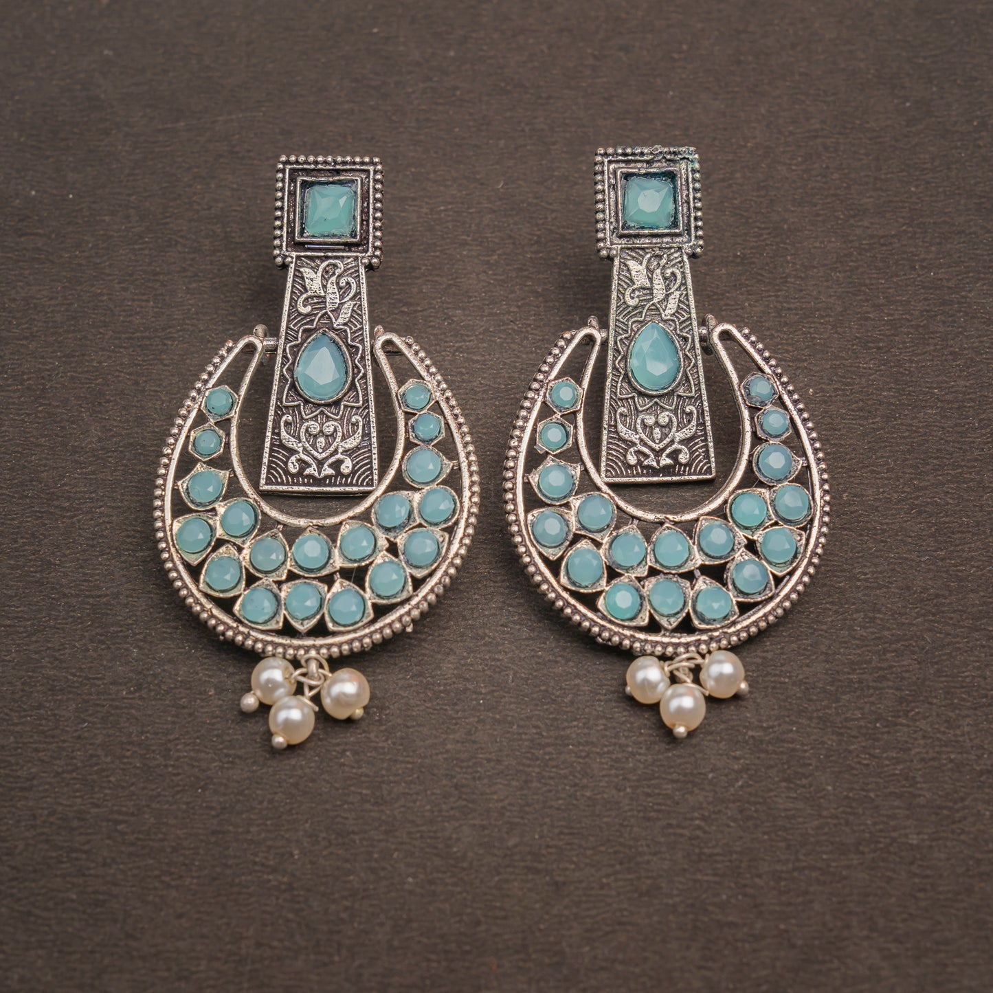 Mint Stone Studded Statement German Silver Dangler Earrings
