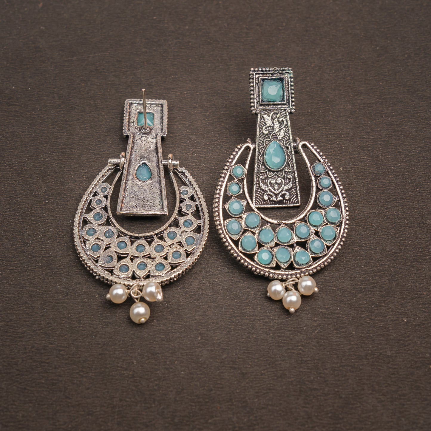 Mint Stone Studded Statement German Silver Dangler Earrings