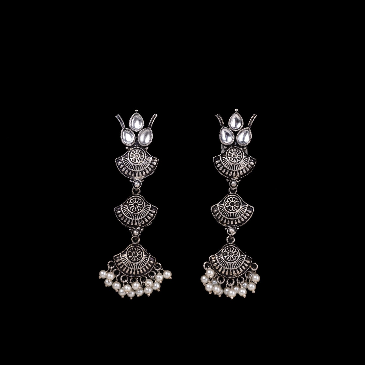White Stone Studded Triple Layered Beautiful German Silver Earrings