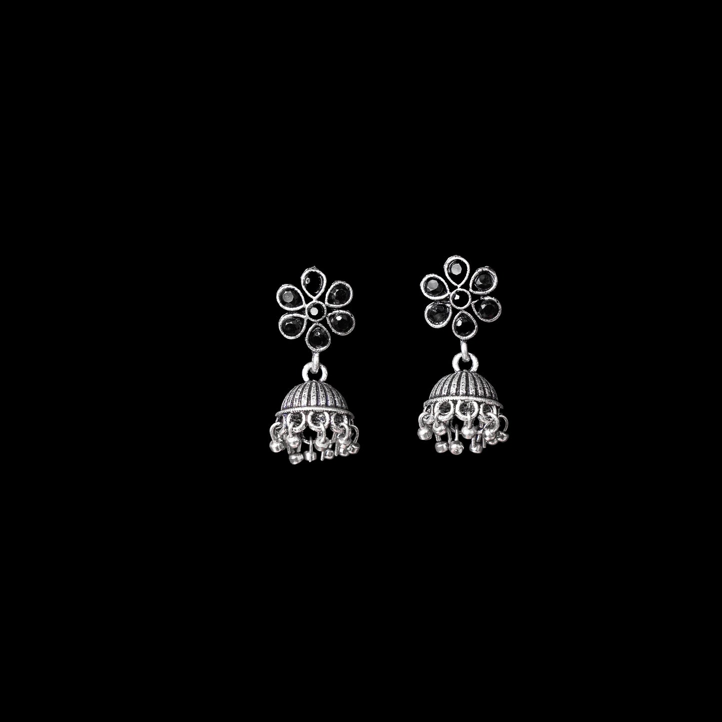 Black Stone Studded Oxidised Earrings With Hanging Jhumki