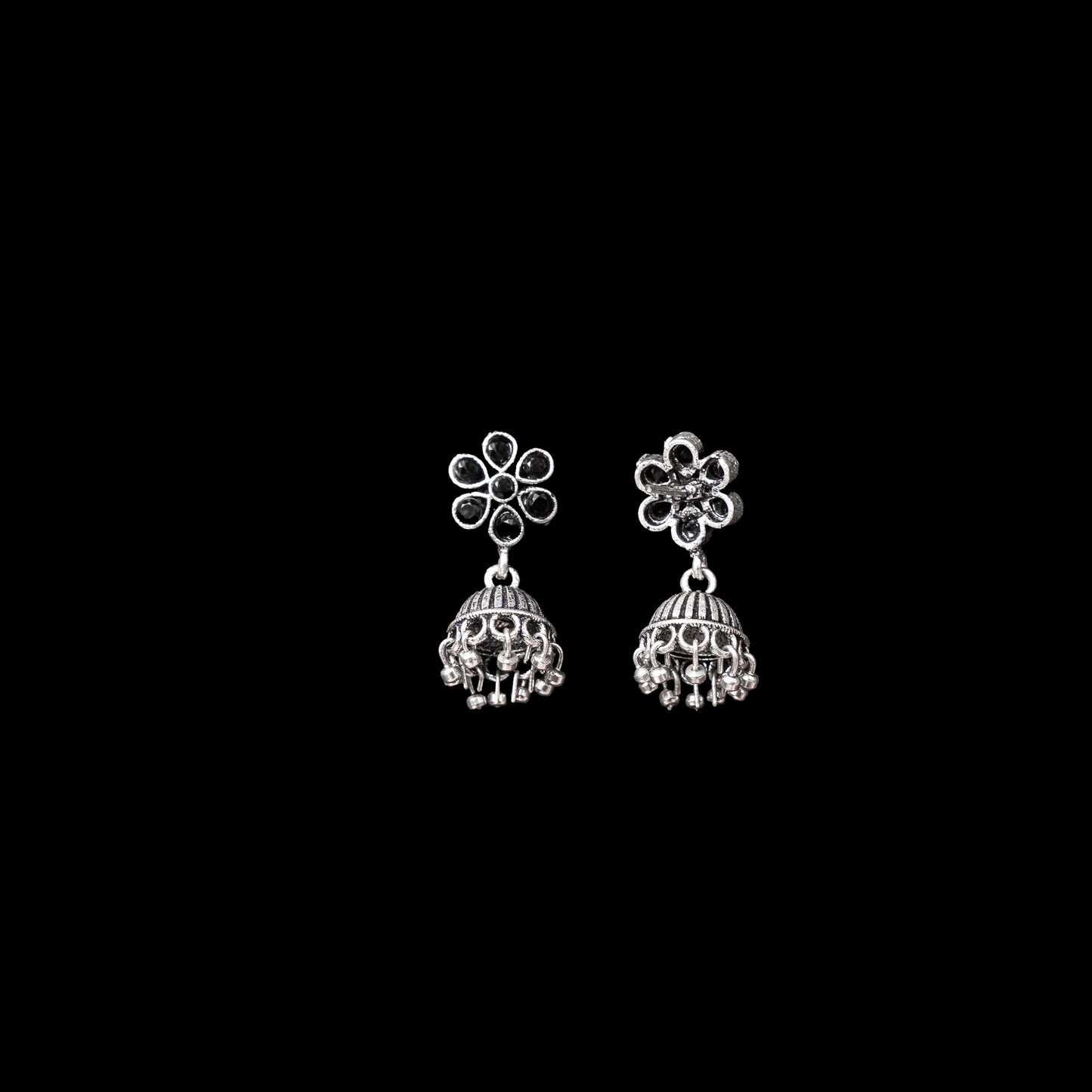 Black Stone Studded Oxidised Earrings With Hanging Jhumki