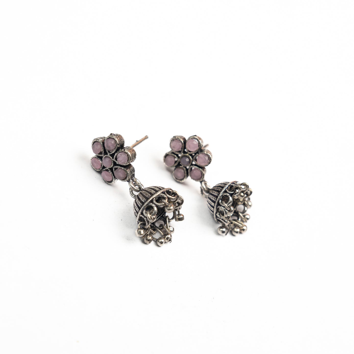 Baby Pink Stone Studded Oxidised Earrings With Hanging Jhumki