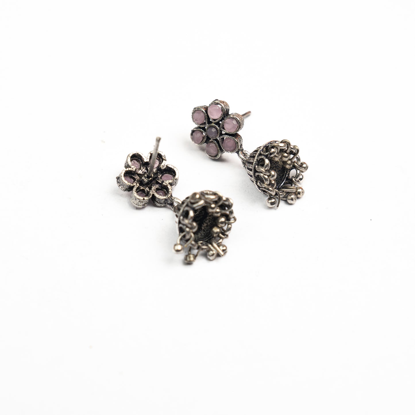 Baby Pink Stone Studded Oxidised Earrings With Hanging Jhumki
