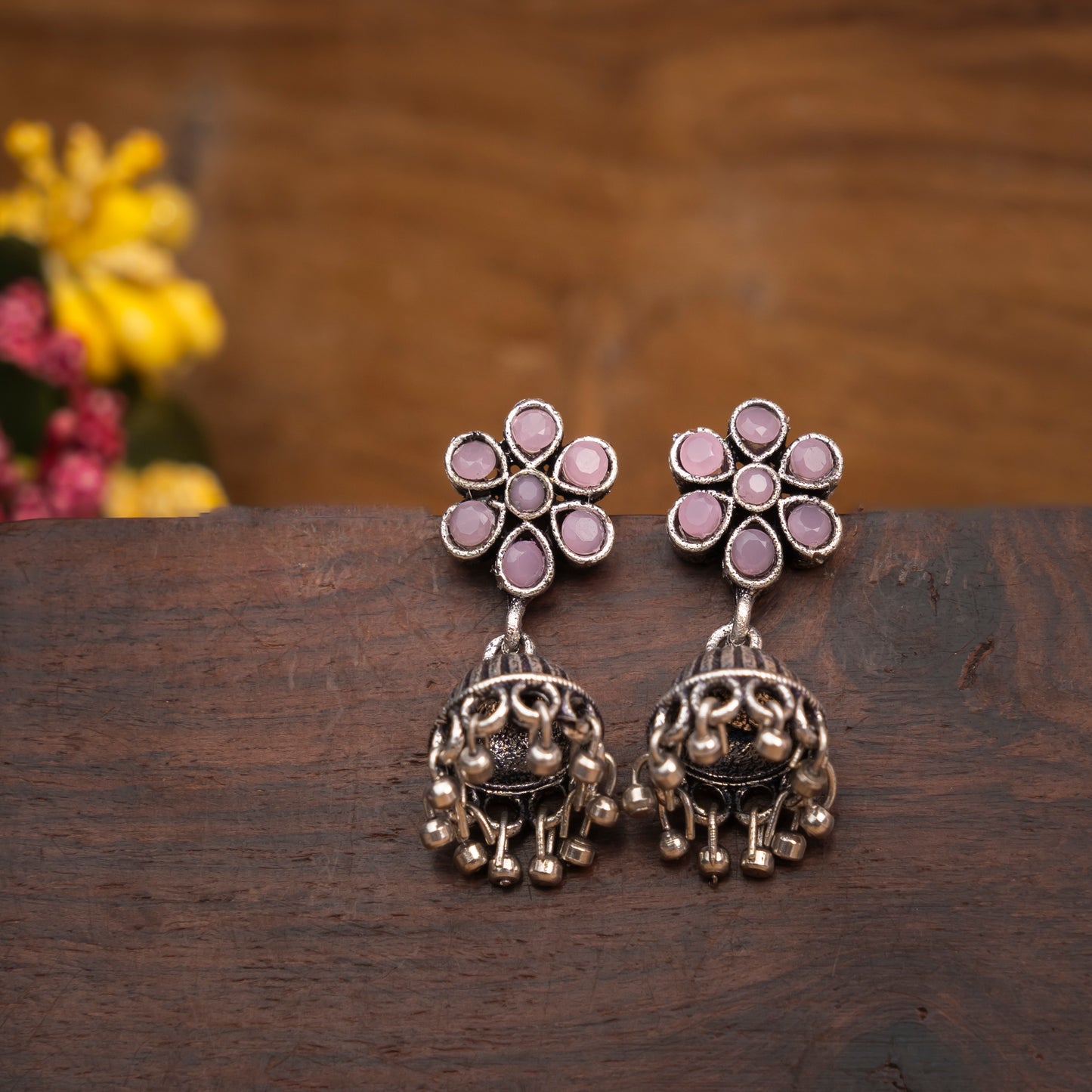 Baby Pink Stone Studded Oxidised Earrings With Hanging Jhumki
