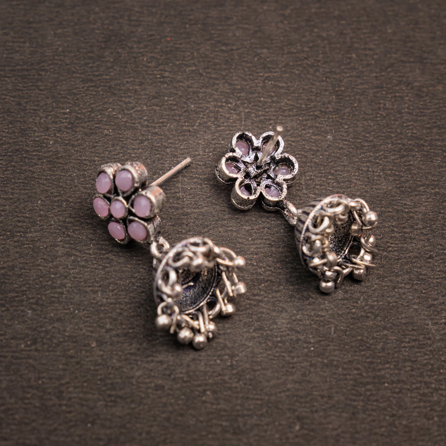 Baby Pink Stone Studded Oxidised Earrings With Hanging Jhumki